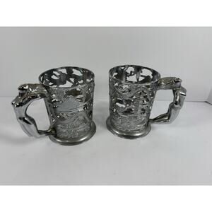 Vintage Asian Dragon Mug Set Metal Figural Nude Woman Handle Japan Tea Cups